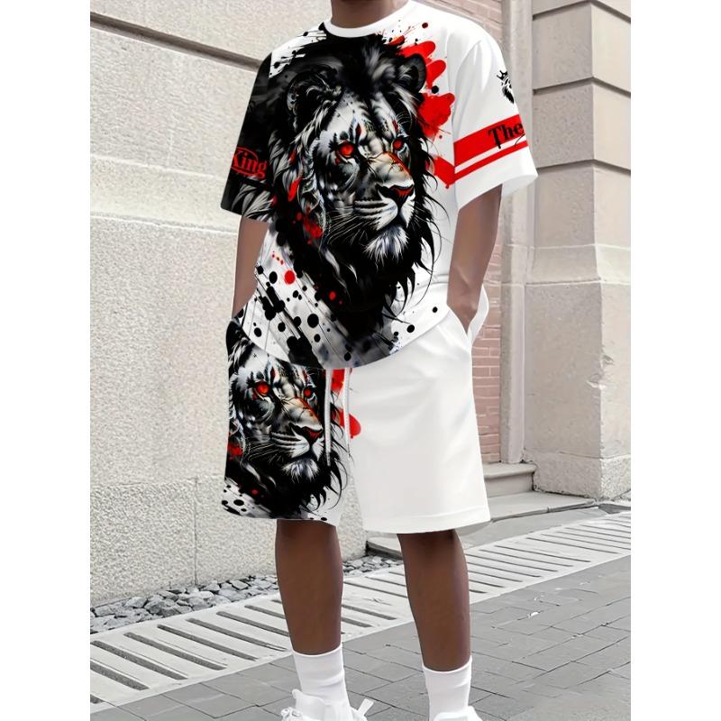 Men's Casual and Fashionable 3D Lion Print Short Sleeved T-shirt and Shorts Set