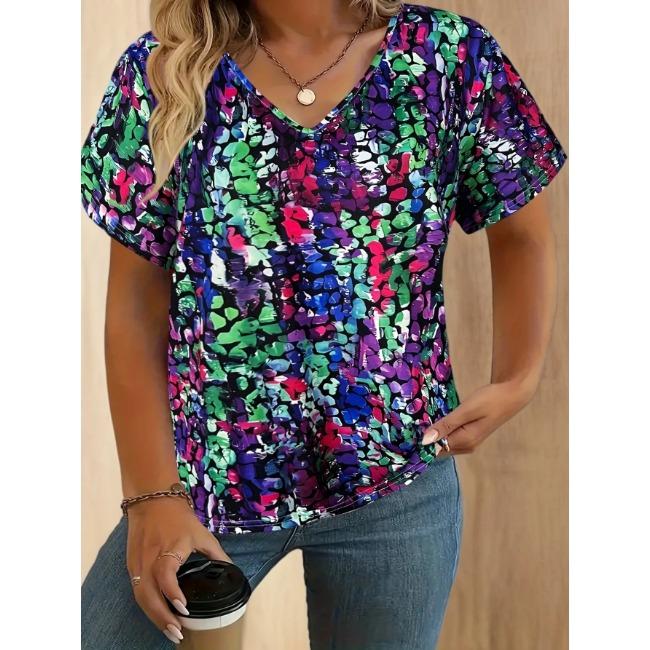 Summer V-neck 3D Retro Flower Printed Top Fashionable Casual Short Sleeved Women's T-shirts