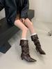 Europe, America 2025 new kitten heel pointed retro pleated sleeve stacking boots wide tube women's two wear medium tube boots