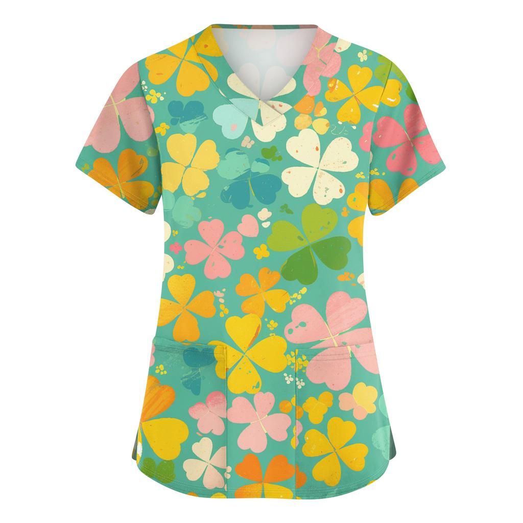 Ladies' St. Patrick Print Fashionable V-neck Pocket Short Sleeved Uniform And Caregiver Top
