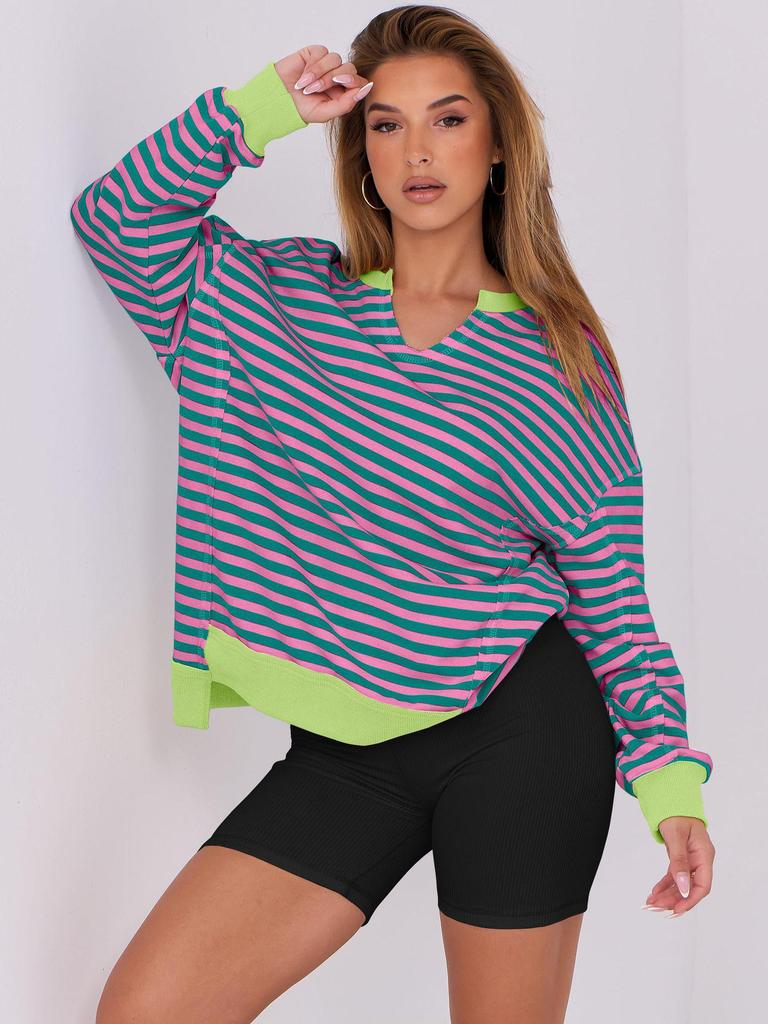 2025 European Autumn/Winter Striped V-neck Loose Fit Women's Sportswear Hoodie