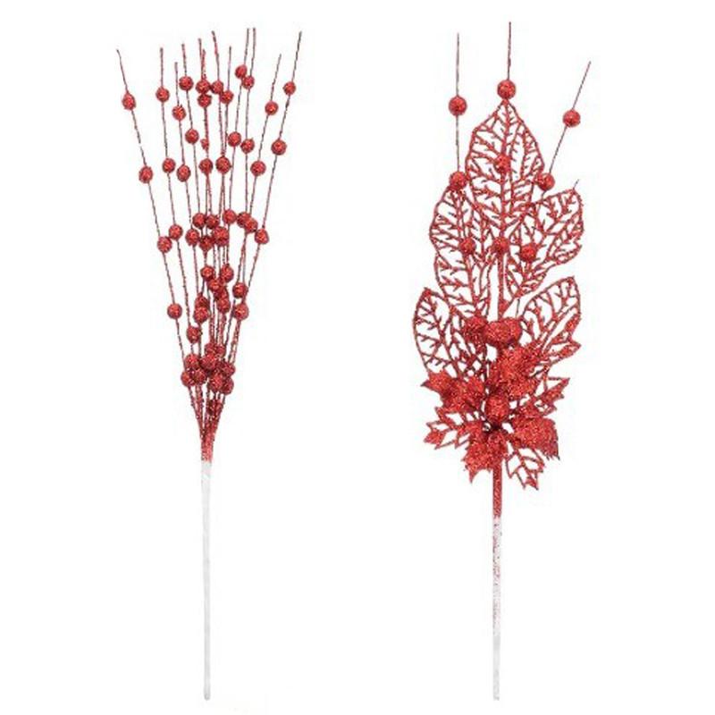 

2 шт. Розовый декор для рождественской елки Искусственная рождественская елка Блестящие ягодные стебли с цветком для рождественского подарка Новогоднее украшение 2Pcs