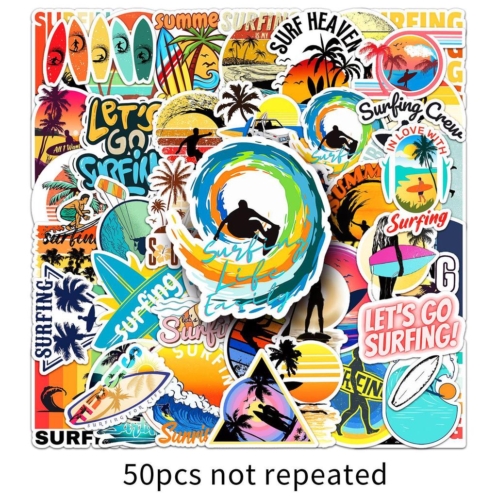 50-Piece Waterproof Cartoon Surfing Stickers for DIY Suitcases & Helmets