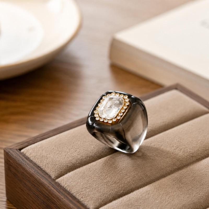 See-Through Resin Fashion Ring with Bold Square Profile, Raised Faceted Centerpiece and Accent Border for Outfit Styling