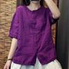 Damenhemd Frühling Sommer Baumwolle und Leinen Rundhals Retro Damenbluse Einfarbig Altersreduzierend Damen Strickjacke T-Shirt
