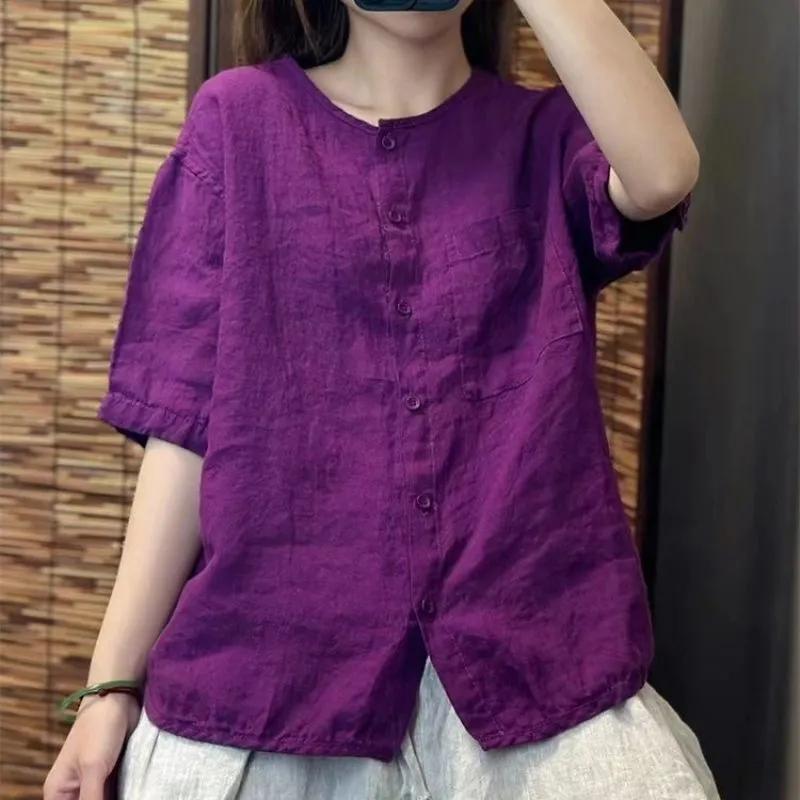 Damenhemd Frühling Sommer Baumwolle und Leinen Rundhals Retro Damenbluse Einfarbig Altersreduzierend Damen Strickjacke T-Shirt