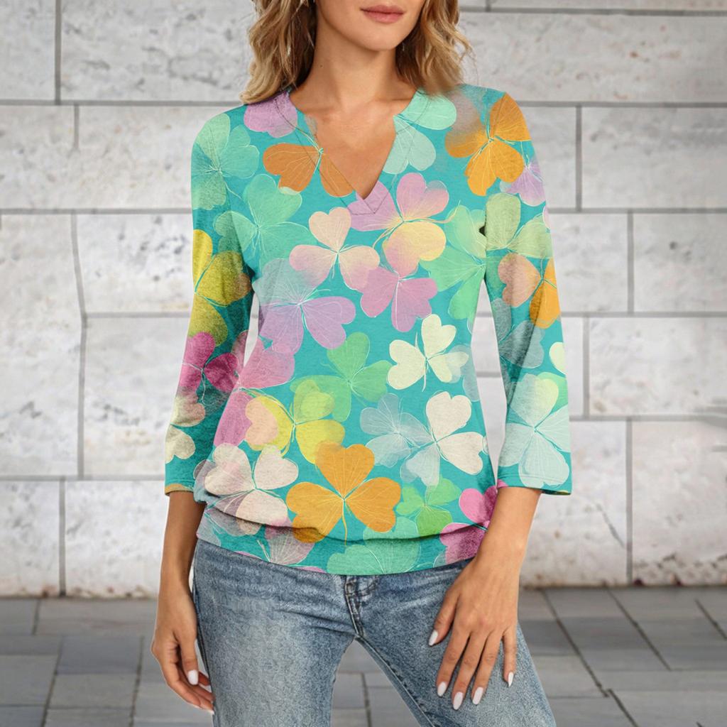 Women's 3/4 Sleeve Top With Cuffed Hem, V-Neck, Summer Casual -Shirt, St. Patrick's Day Printed Top