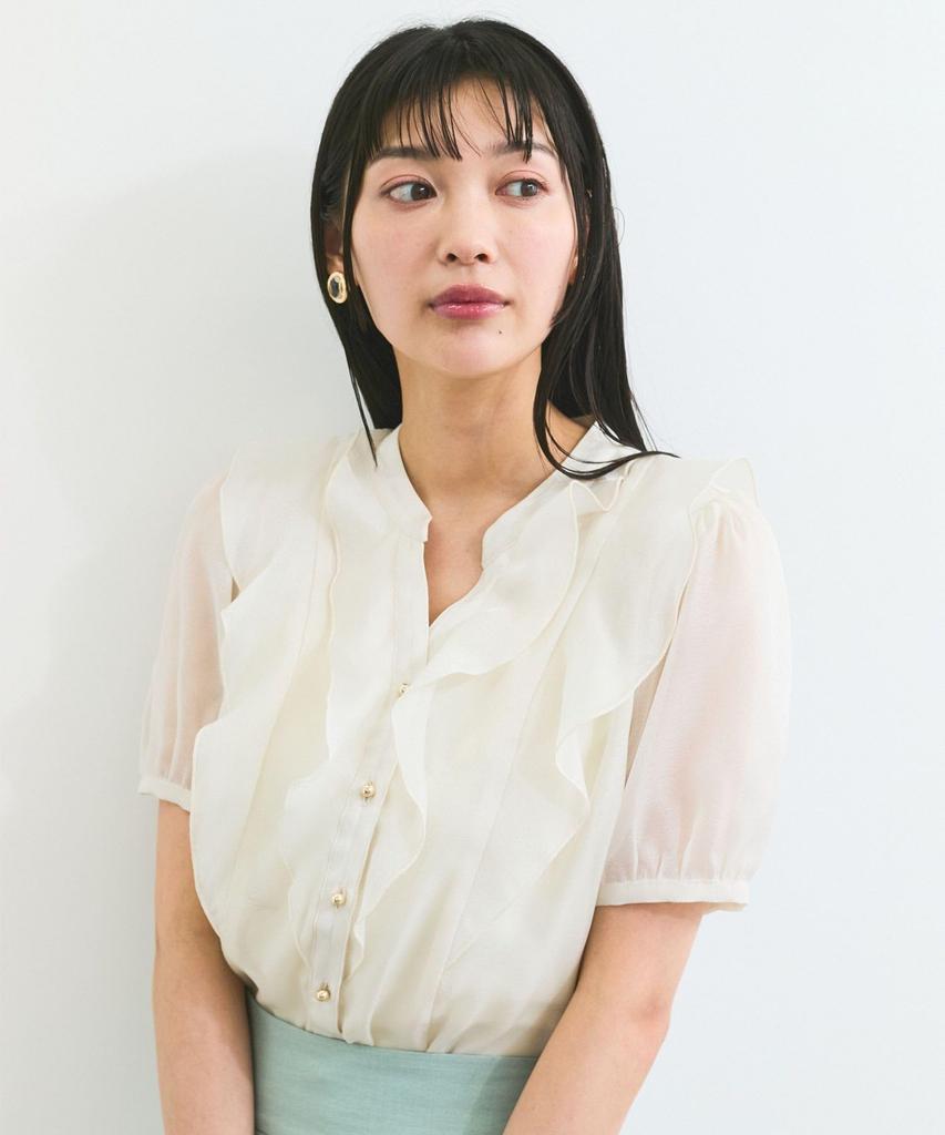 Blusa Transparente con Volantes de Manga Corta para Mujer Natural [BIS] [Lavable], (dieciséis)