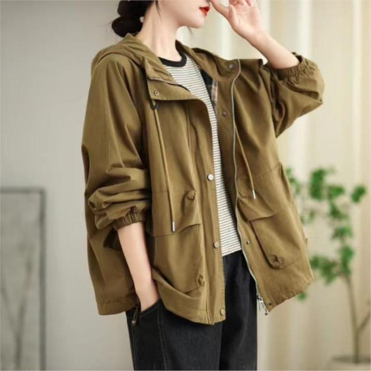 

Cotton Casual Vintage Hooded Coat Women Johnature Solid Color Loose Drawstring Autumn Retro Fashion Korean Style One Size кофейный