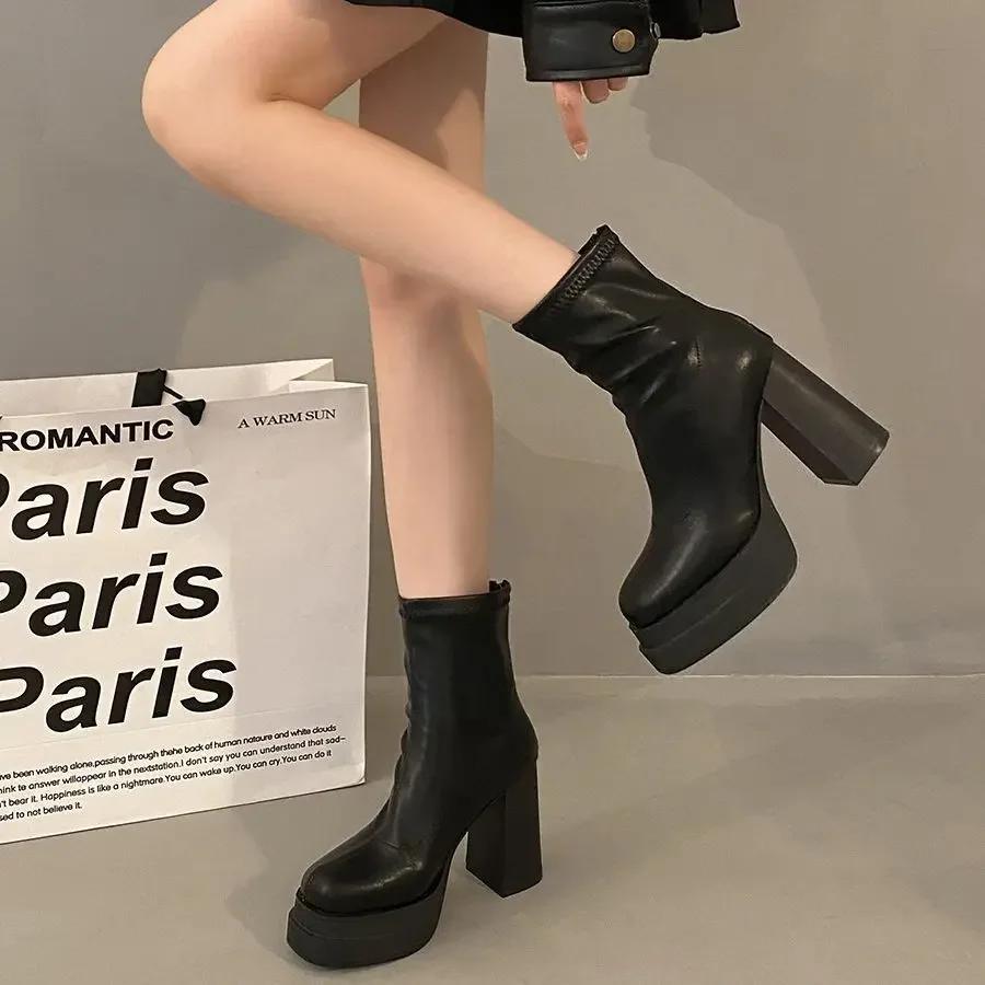 Platform Boot Shoes for Women Modern Western Black Femme Botas Punk Goth Female Winter High Heeled Shoes Round Toe Heels Botines