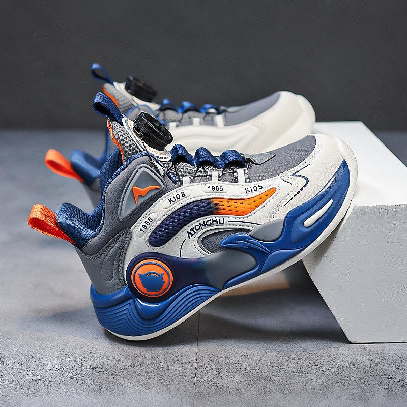 Children's Shoes Autumn New Breathable Leather Sneakers Medium and Large Boys Boys Rotating Buckle Soft Sole Non-slip Basketball Shoes