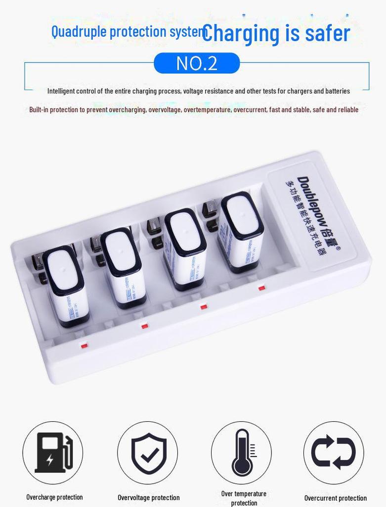 9V Lithium Battery Charger Set with Rechargeable High-Capacity 9V Batteries