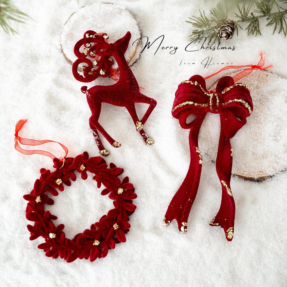 Custom Christmas Hanging Decorations Red Velvet Flocked Garland Bow Tree Hanging Ornament 2026 New Year Party Home Decoration