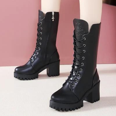 Damskie kozaki do połowy łydki Wysokiej jakości skórzane buty Modne buty na wysokim obcasie na platformie dla kobiet Zimowe bawełniane buty Botas Mujer