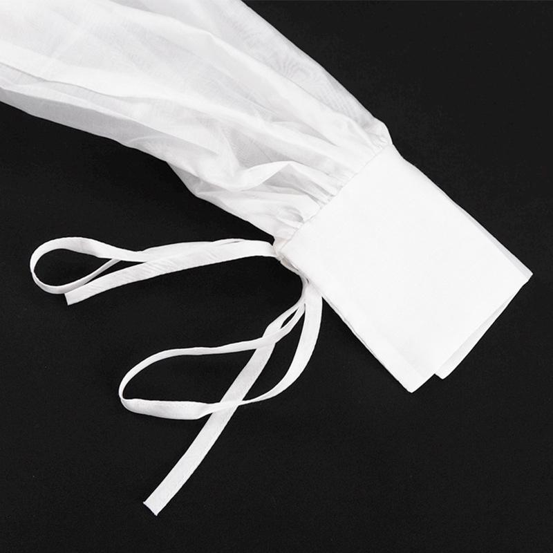 Solid See Through Women Shirt Commut Wear Lapel Long Sleeve Single Button Lace Up Female Blouse 2025 Spring Summer Elegant Office Lady Top
