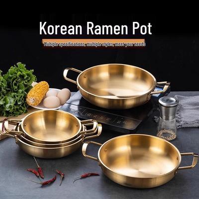 Altın Çift Kulplu Kore Tarzı Paslanmaz Çelik Ramen, Çorba ve Deniz Ürünleri için Tencere - Mini Düz Tabanlı Hot Pot Havuzu.