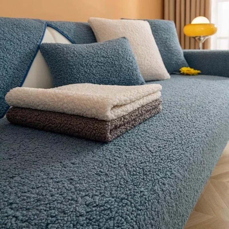 Modern Lamb Plush Light Luxury Sofa Cushion Velvet Living Room Winter Warm Seat Mat Anti Slip Couch L Shape Sofa Back Covers