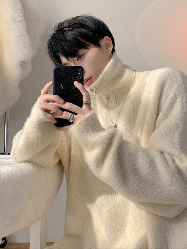 Herren Trendiger Strick-Halbreißverschluss-Pullover: Dick, Locker, Mittelhoher Kragen für Herbst und Winter