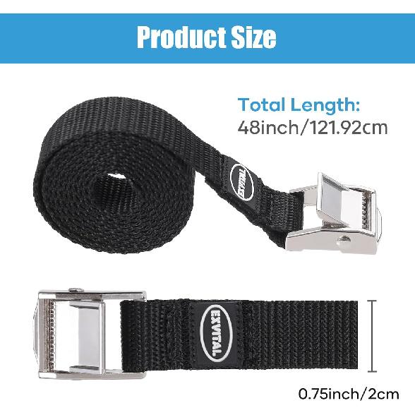 EXVITAL Lashing Straps With Cam Buckles Tie Down Straps 48" X 0.75" Adjustable Cinch Straps For Motorcycle Cargo Kayak Luggage Black 4 Pack
