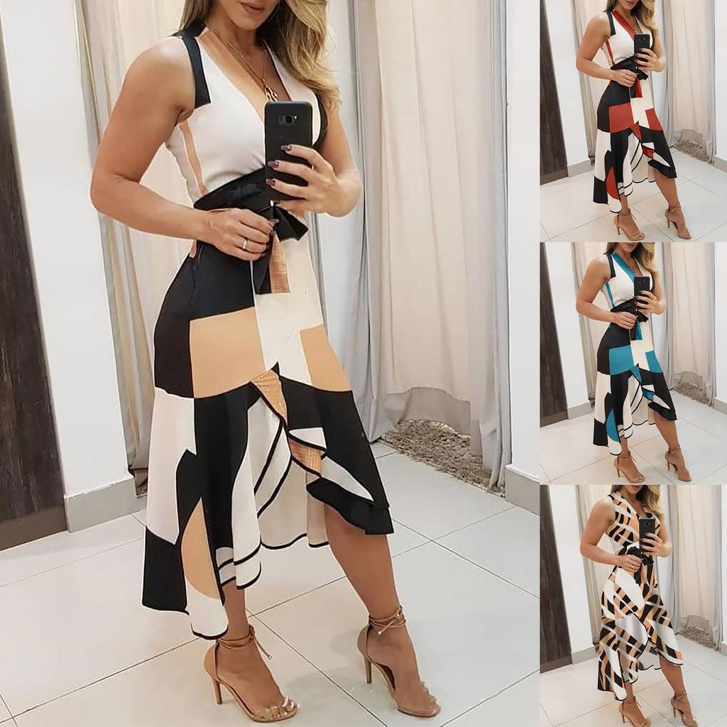 Women's Fashion Irregular Color Collision Print Sleeveless Ruffle Dress