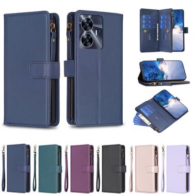 Jednokolorowy wzór PU skóra przegródki na karty portfel na zamek etui na telefon dla Oppo A98,F23,A58,A78,A16,A55,A74,A72,Reno7 Z,Realme C53,C55...