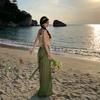 Yunnan Sanya Tourism Bohemian Wind Green Plaid High Waist Wide Leg Pants Seaside Vacation Tassel Suspender Set