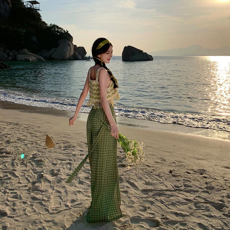 Yunnan Sanya Tourism Bohemian Wind Green Plaid High Waist Wide Leg Pants Seaside Vacation Tassel Suspender Set