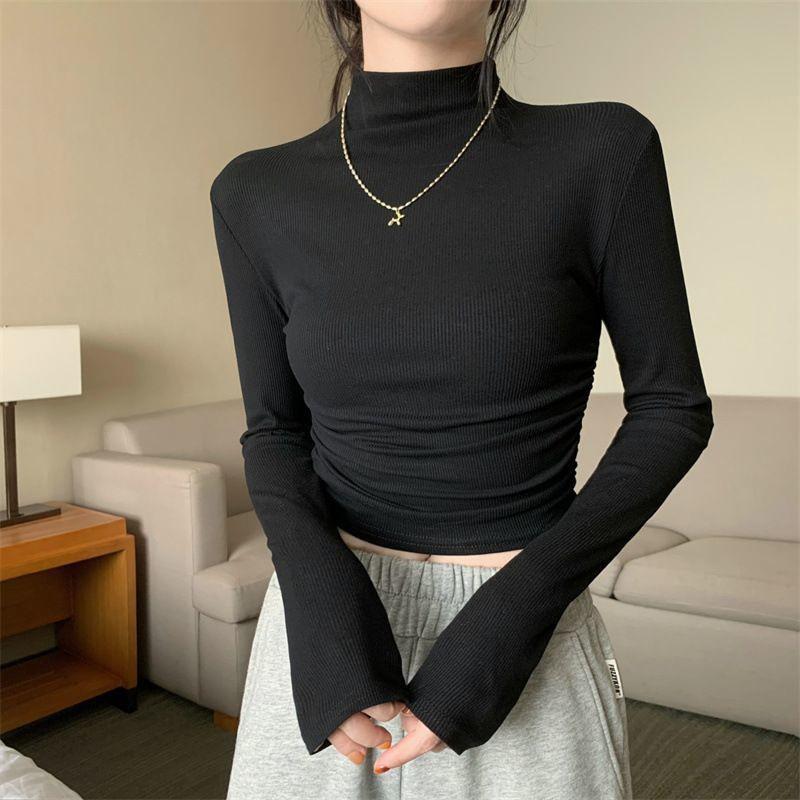 2023 Women's Slim Fit Long-Sleeve Turtleneck Pleated Waist Top for Autumn and Winter