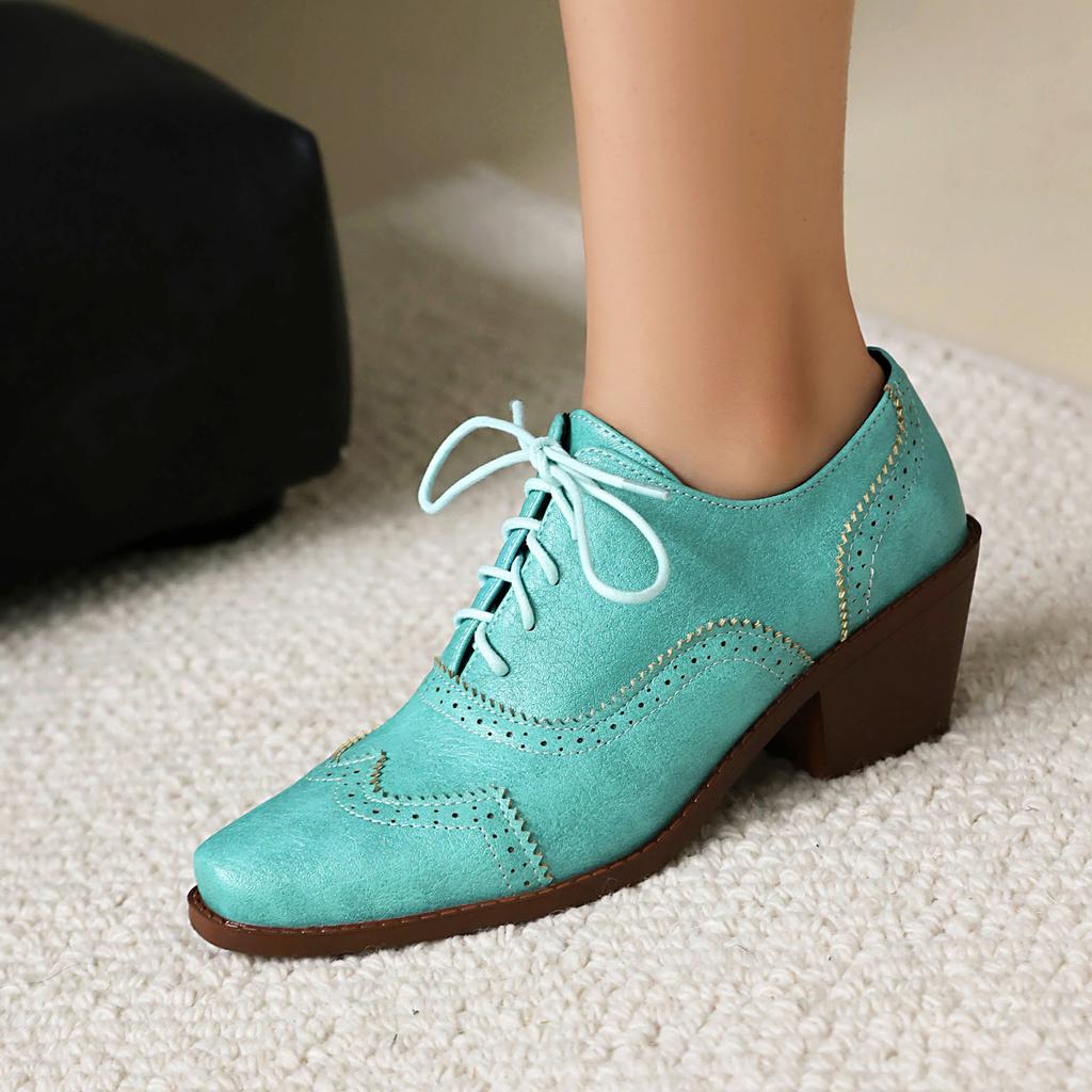 Damen Perforierte Brogues Oxfords Klobige Hohe Absätze Schuhe Quadratische Zehenpartie Schnürschuhe Vintage Pumps für Roaring 20’s Kostümparty