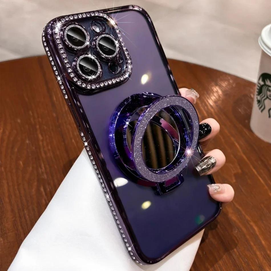 High Grade Mirror Stand Glitter Rhinestone Phone Case For iPhone 15 14 11 12 13 16 Pro Max 15 Plus Magnetic Clear Protect Cover