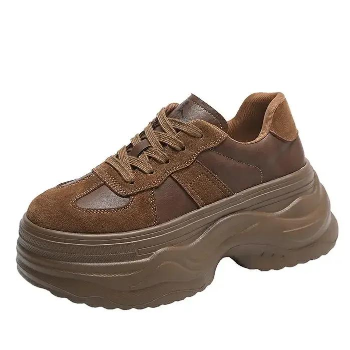 Fashion 7.5CM Single Shoe Women Spring Autumn Thick Leather Heightened Thick Sole Lace-up Sneakers Retro Oxford Shoes Women Casual Shoes