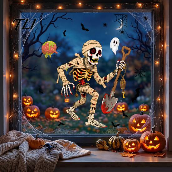 Easy Apply Glass Clings Halloween Window Clings, Pumpkins Skeletons Ghosts And Bats Print Decorative Decals, Electrostatic PVC Static