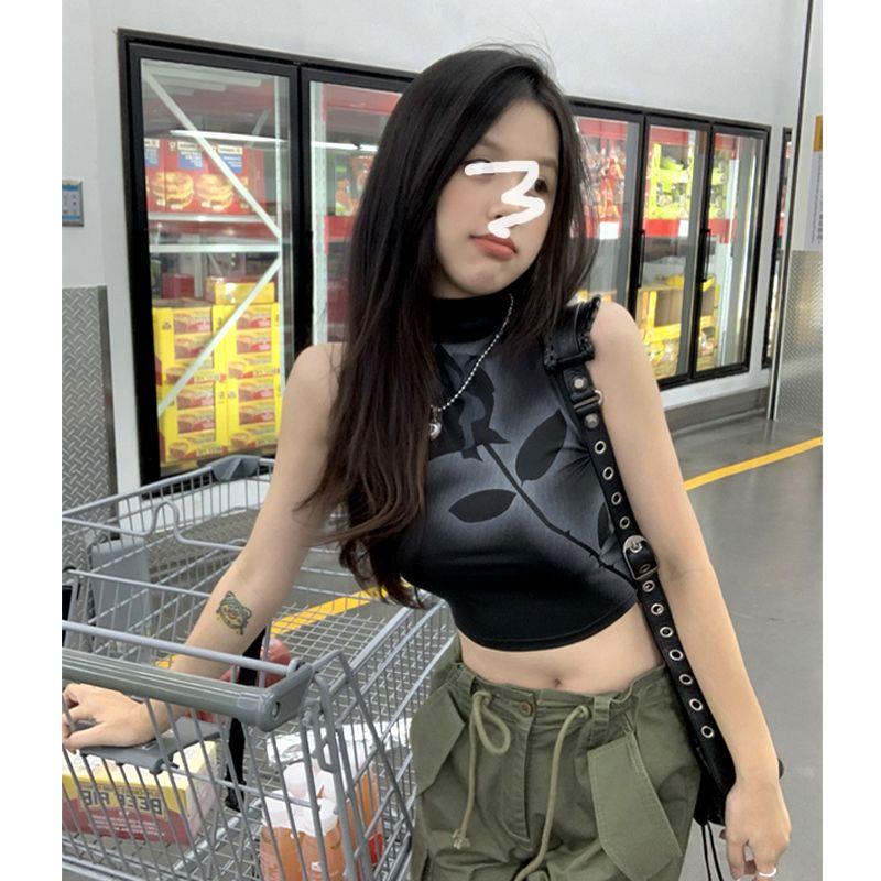 

Дизайнерские цветочные принтованные футболки с высоким воротником, жилет для женщин, сексуальные майки для девочек, топы Y2K, модные женские укороченные топы, повседневный жилет S