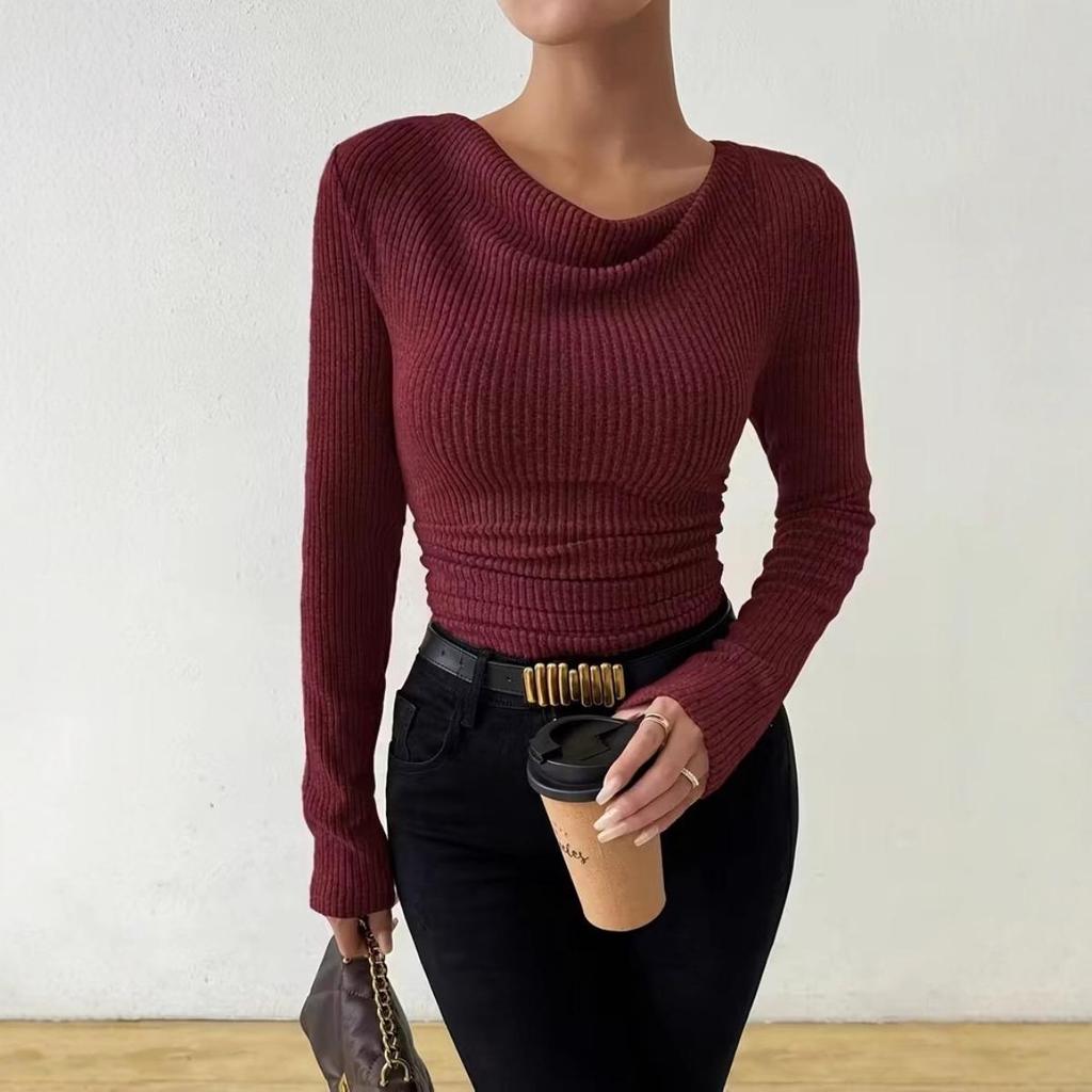 Suéter de Color Sólido para Mujer Otoño Invierno de Punto de Manga Larga Top Casual