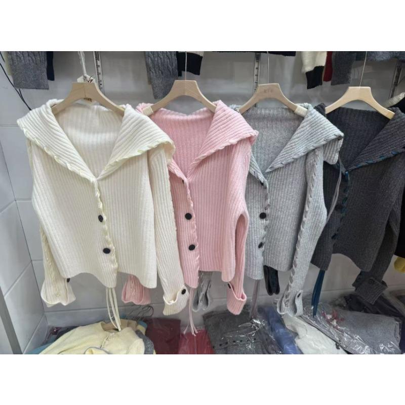 Autumn and winter new streamer lapel knitted cardigan navy collar soft waxy temperament lazy sweater jacket women