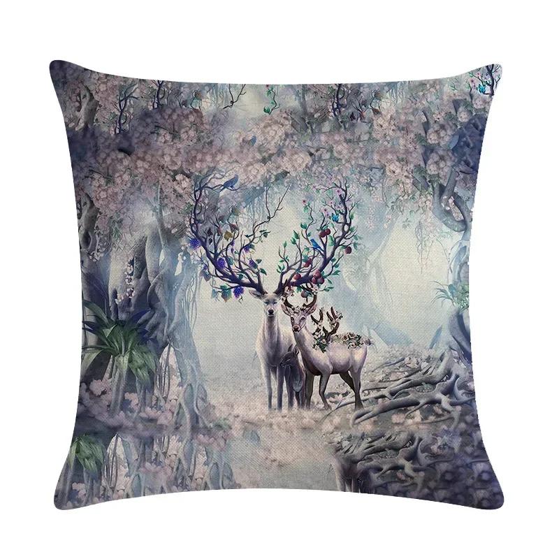 Nordic Cartoon Moose Art Oil Painting Linen Cushion Cover Living Room Sofa Car Decoration Furniture Pillow Cover 45*45Cm