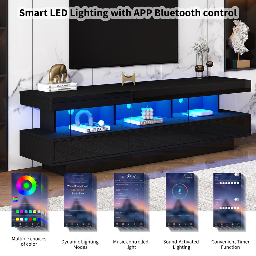 160*38*50.5 cm Black High Gloss TV Stand with 3 Glass Shelves, LED Lighting, App Control, Bluetooth Connectivity for 70-Inch TVs, Smart TV Stand