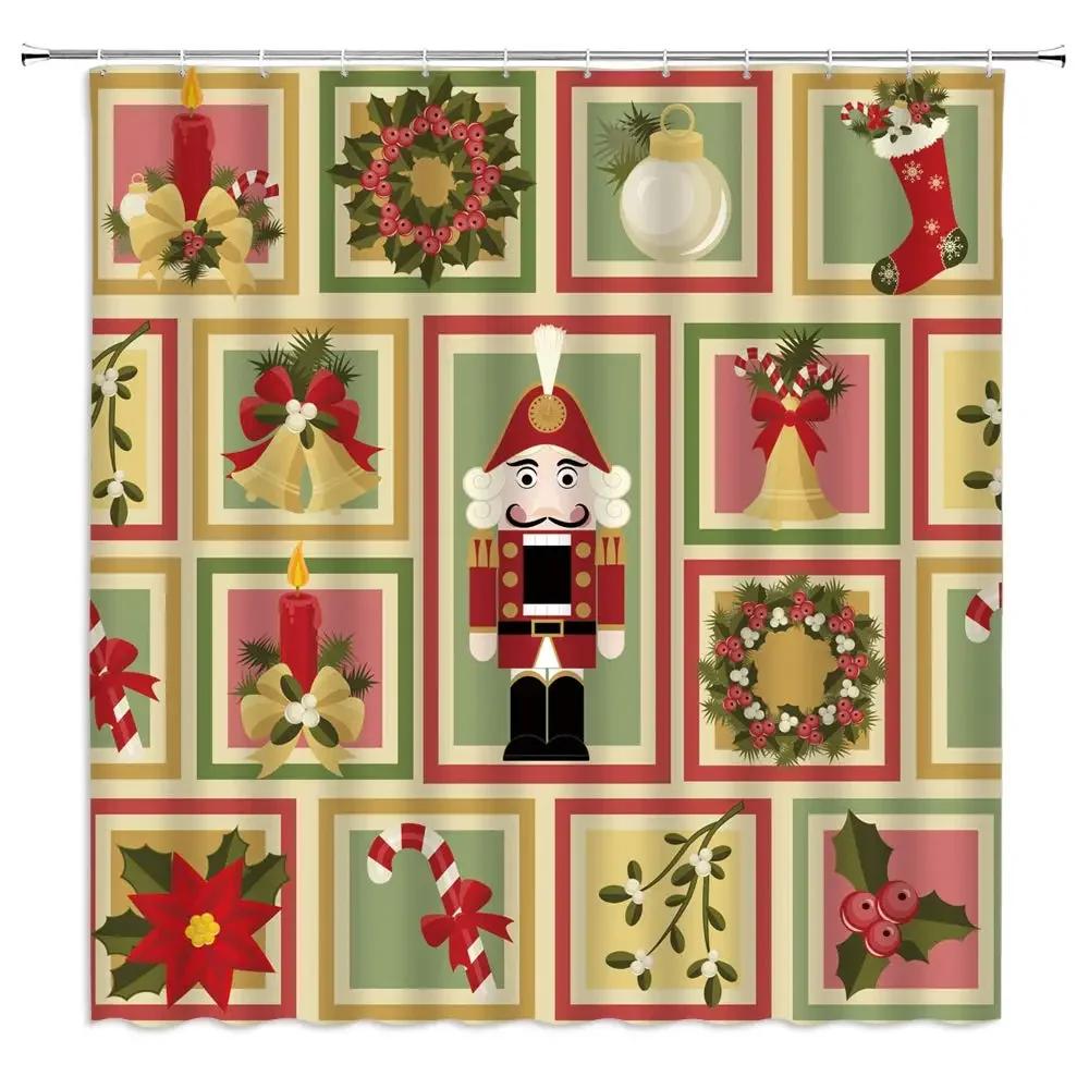 Christmas Nutcracker Shower Curtain, Christmas Tree Snowman Bathroom Curtain Decoration Set With Hook Fabric Christmas Gift