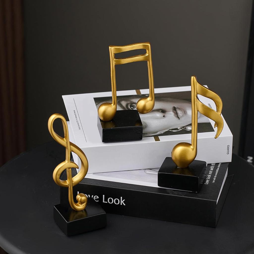 3 Pieces Gold Music Note Decor Sculptures Home Decor for Shelf Decor Aesthetic Resin Gold Music Note Statue Table Decorations for Living Room Office