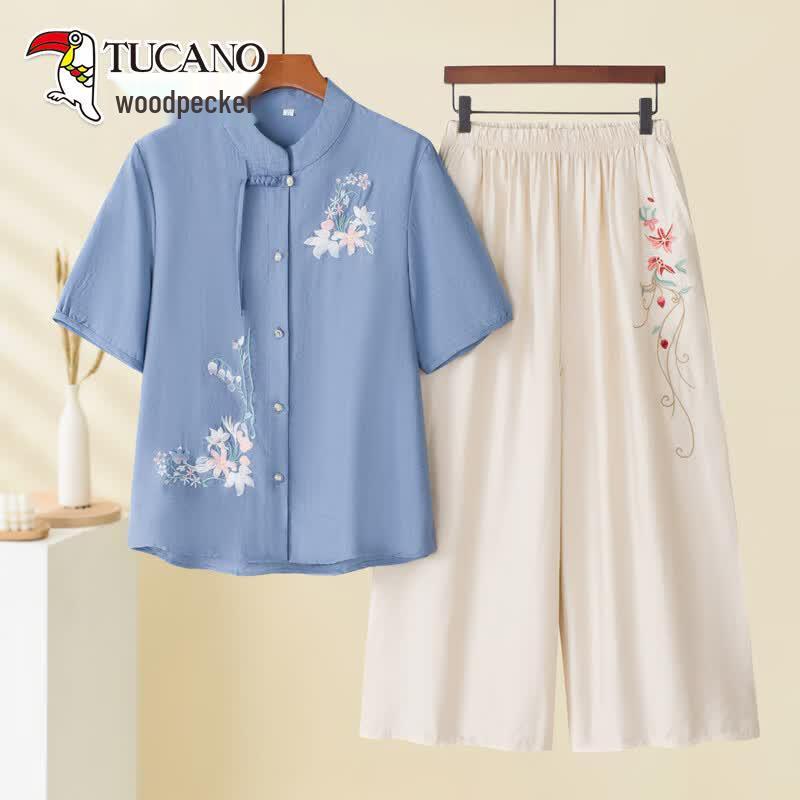 TUCANO Women s New Chinese Style Embroidered Summer Blouse Set 3XL синий