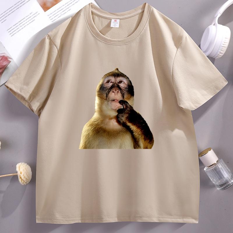 Funny Monkey Thinking Meme T Shirt Unisex Unisex Vintage Short Sleeve Round Neck Tshirt Male Designer Clothes Animal Lover Tees