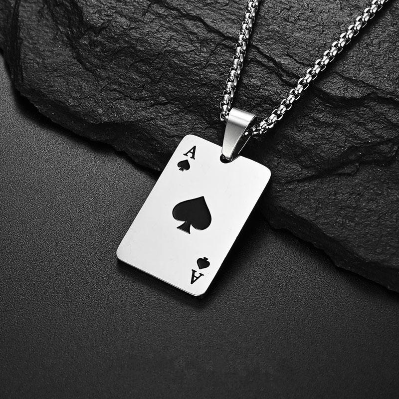 Trendy Unisex Titanium Steel Necklace with Ace of Hearts and Spades Heart Pendant – Long Sweater Chain.