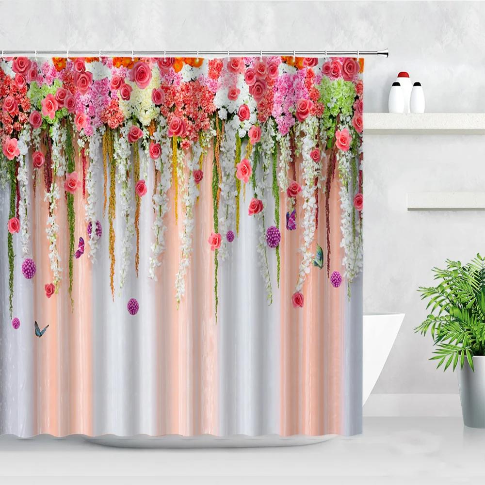 Conjunto de cortina de chuveiro floral roxo lavanda rosa rosa flores simples decoração de banheiro cortinas de poliéster pano de fundo de fotografia