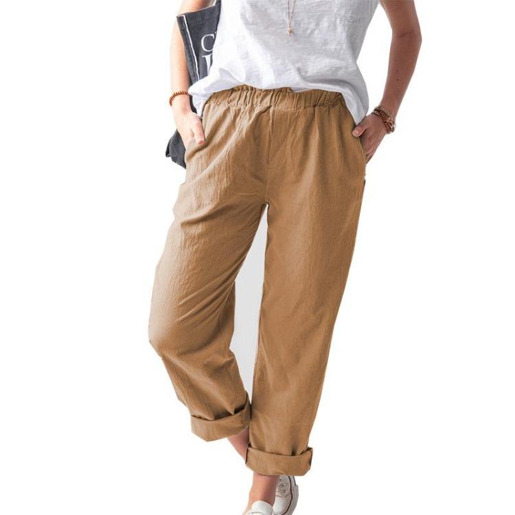 Summer Women Solid Color Casual Elastic High Waist Straight Pants