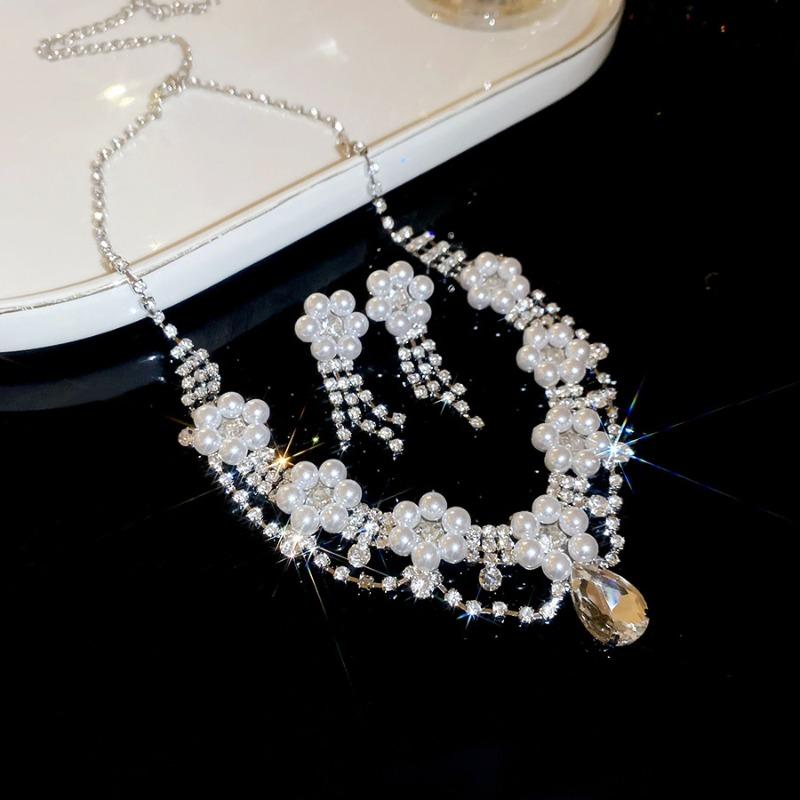 Diamond-set flower water drop pearl necklace earrings light luxury high-end jewelry set elegant temperament jewelry