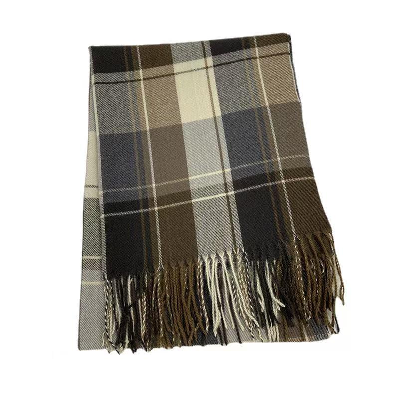 Imitation Cashmere Plaid Scarf - Women's Korean Style Autumn Winter Shawl with Tassels