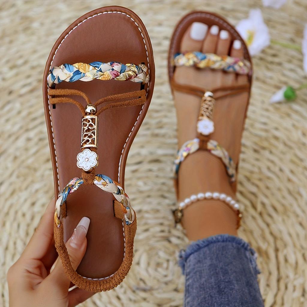 Women's Braided Sandals, Elastic Strap Slip On Lightweight Beach Shoes, Comfort Non-slip Holiday Shoes