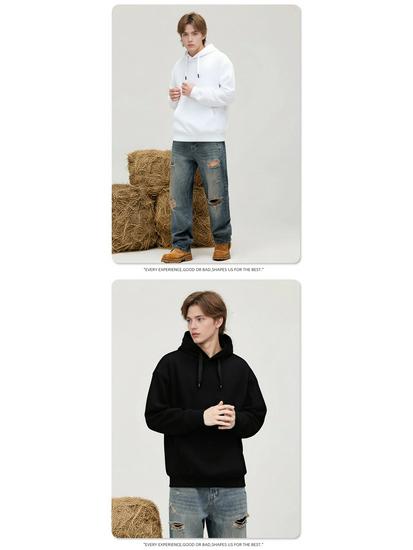 Men's Casual Thick Terry Cloth Hoodie: Heavyweight Pure Cotton Sweatshirt - Loose Fit, Solid Color, American Style for Autumn/Winter.