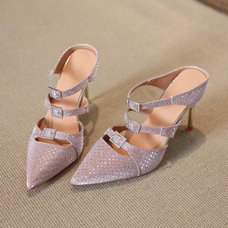 Glitter Sequin Rhinestone Heels Women's Pointed Toe Shallow Mouth Metal Buckle Cutout Non-Slip Wrapped Toe Stiletto Slippers