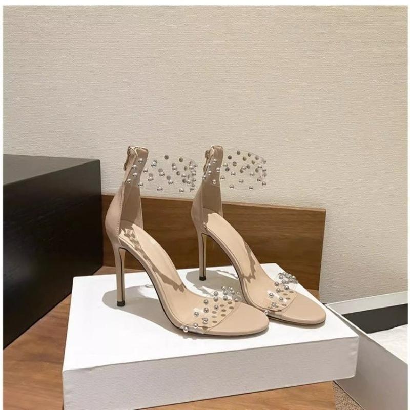 Fashion Summer New Rivet One Strap High Heels Women Open Toe Sexy Pearl Sheer Strap Non-slip Versatile Stiletto Sandals